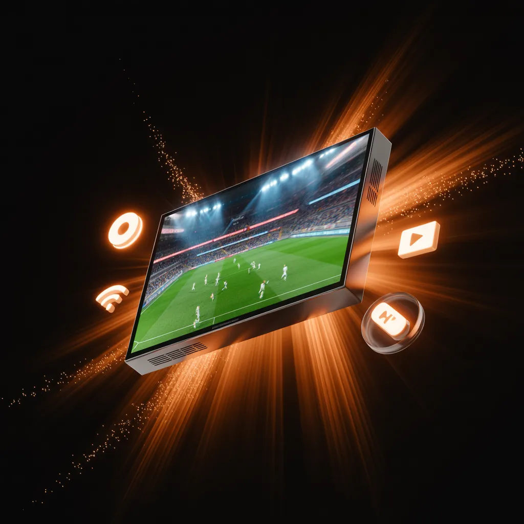 Smart TV com streaming IPTV em 4K com ícones de Wi-Fi e play